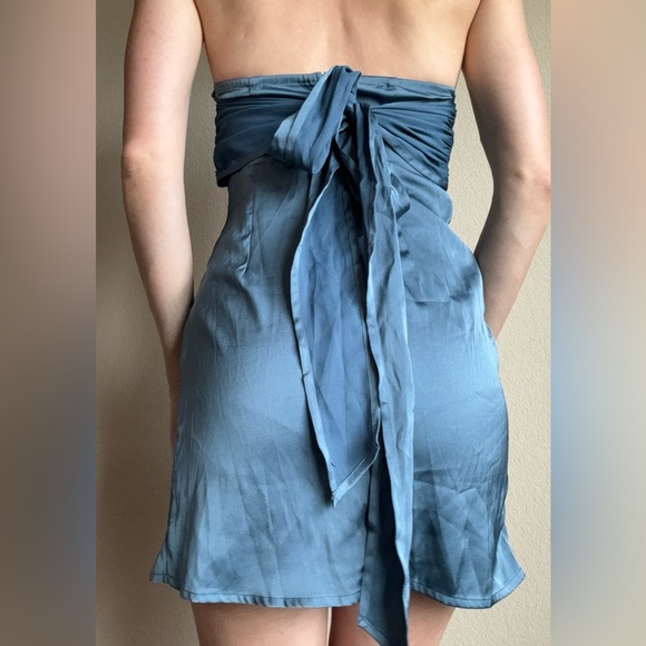 NWT Cider Dark Teal Blue Satin Mini Dress Strapless Tie XS - Picture 2 of 10